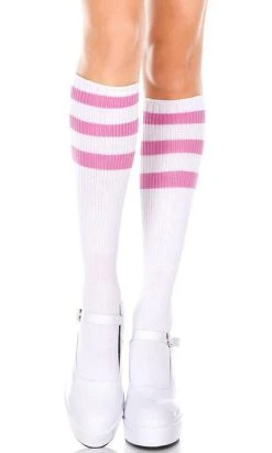 MUSIC LEGS Acrylic Knitted Triple Stripe [White/Pink] | KNEE HIGH SOCKS